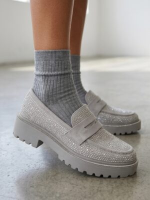 Szare mokasyny damskie na grubej podeszwie casual LS5489